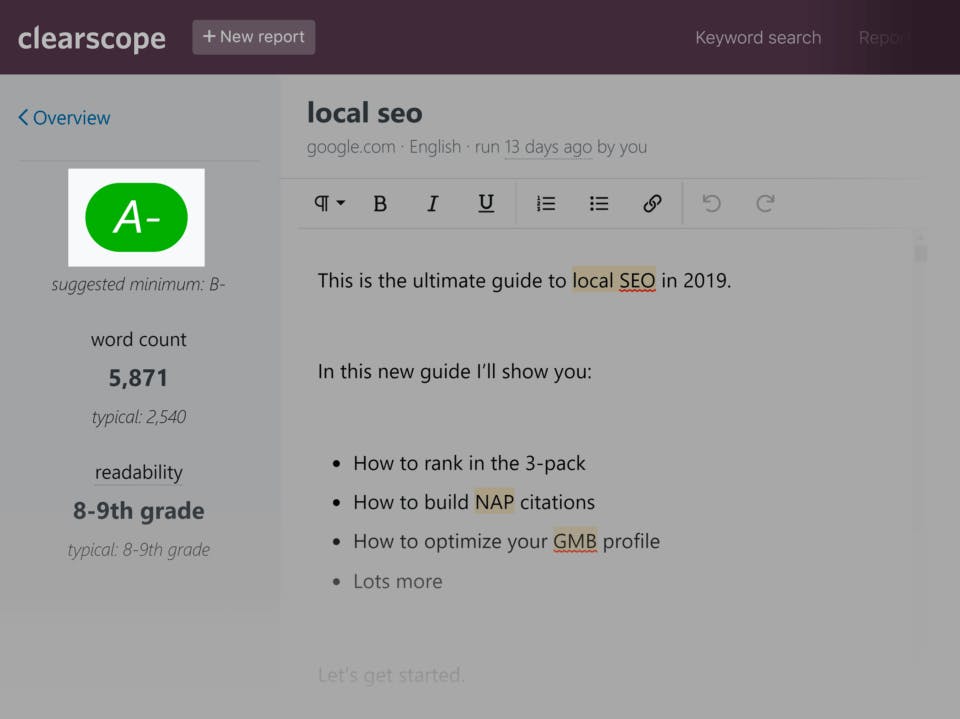 Clearscope content report showing keyword recommendations and content grade for a target keyword