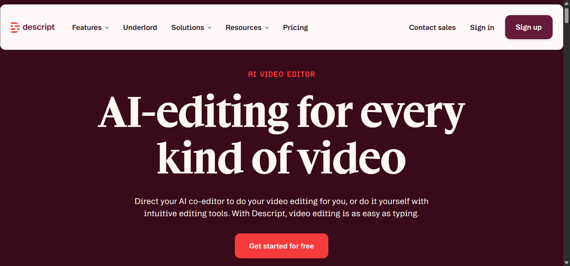 Descript editing interface showing text-based video editing with the transcript panel]