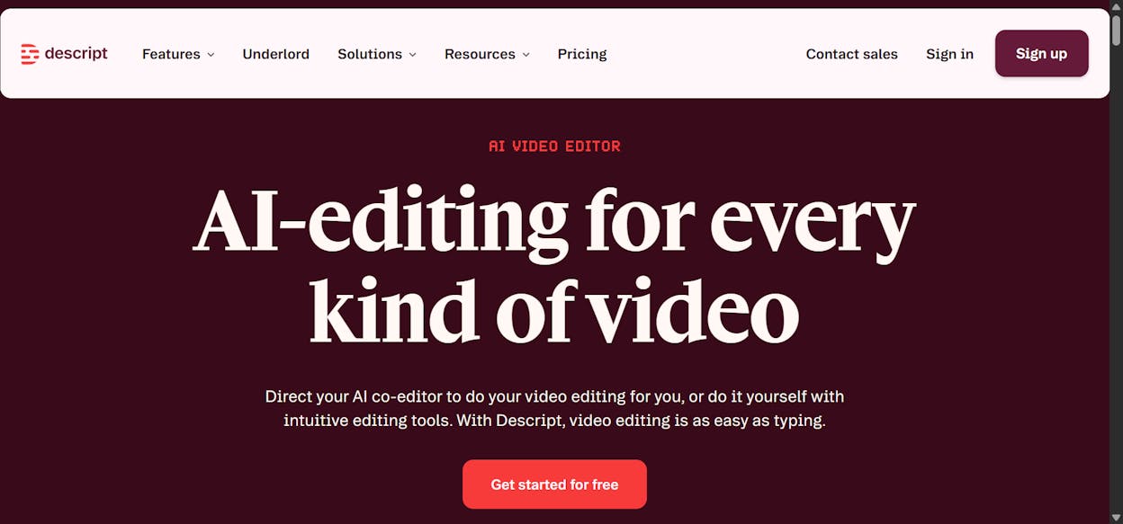Descript editing interface showing text-based video editing with the transcript panel]