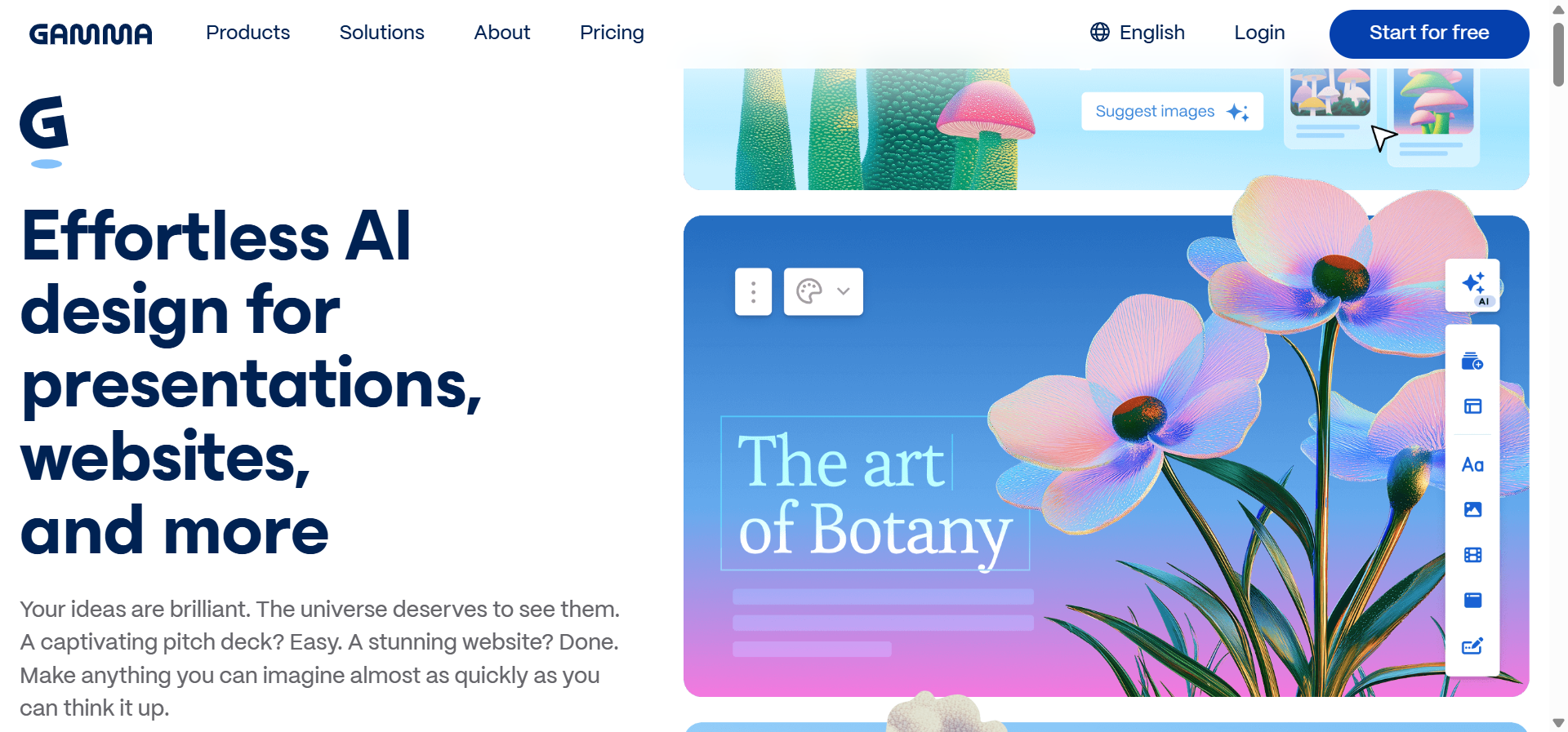 Gamma presentation builder showing an AI-generated pitch deck with polished slide layouts