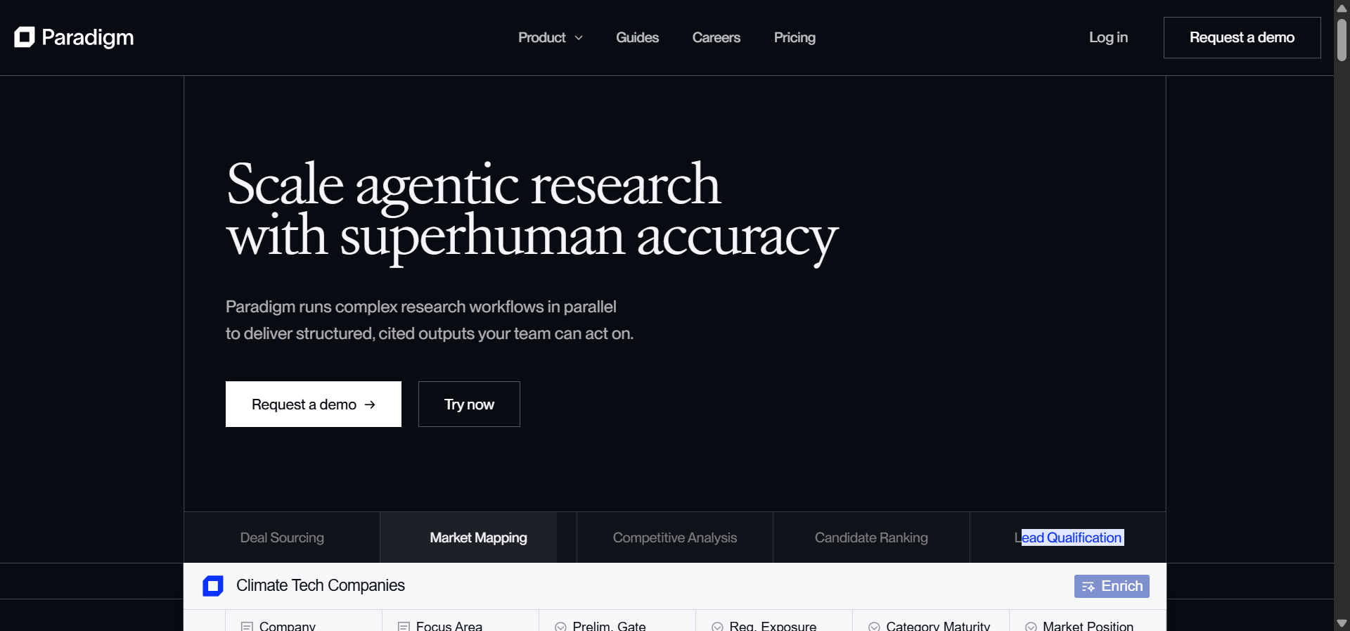 Paradigm AI spreadsheet interface showing columns enriched by AI agents with search intent data