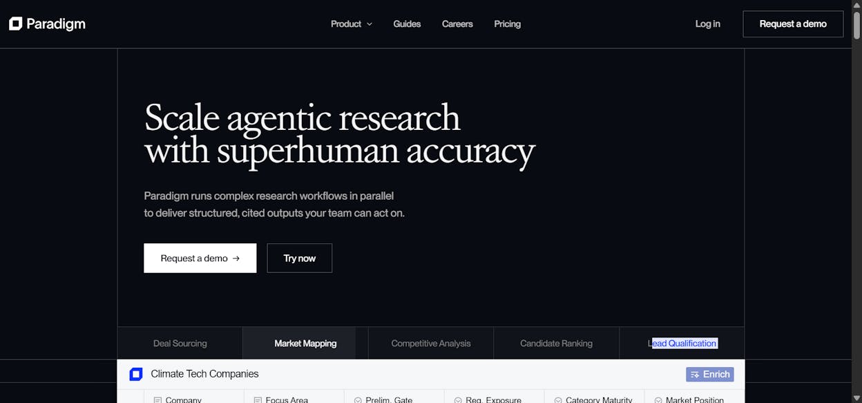 Paradigm AI spreadsheet interface showing columns enriched by AI agents with search intent data