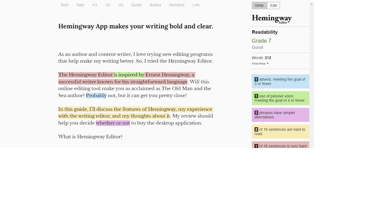 Hemingway Editor interface showing readability highlights
