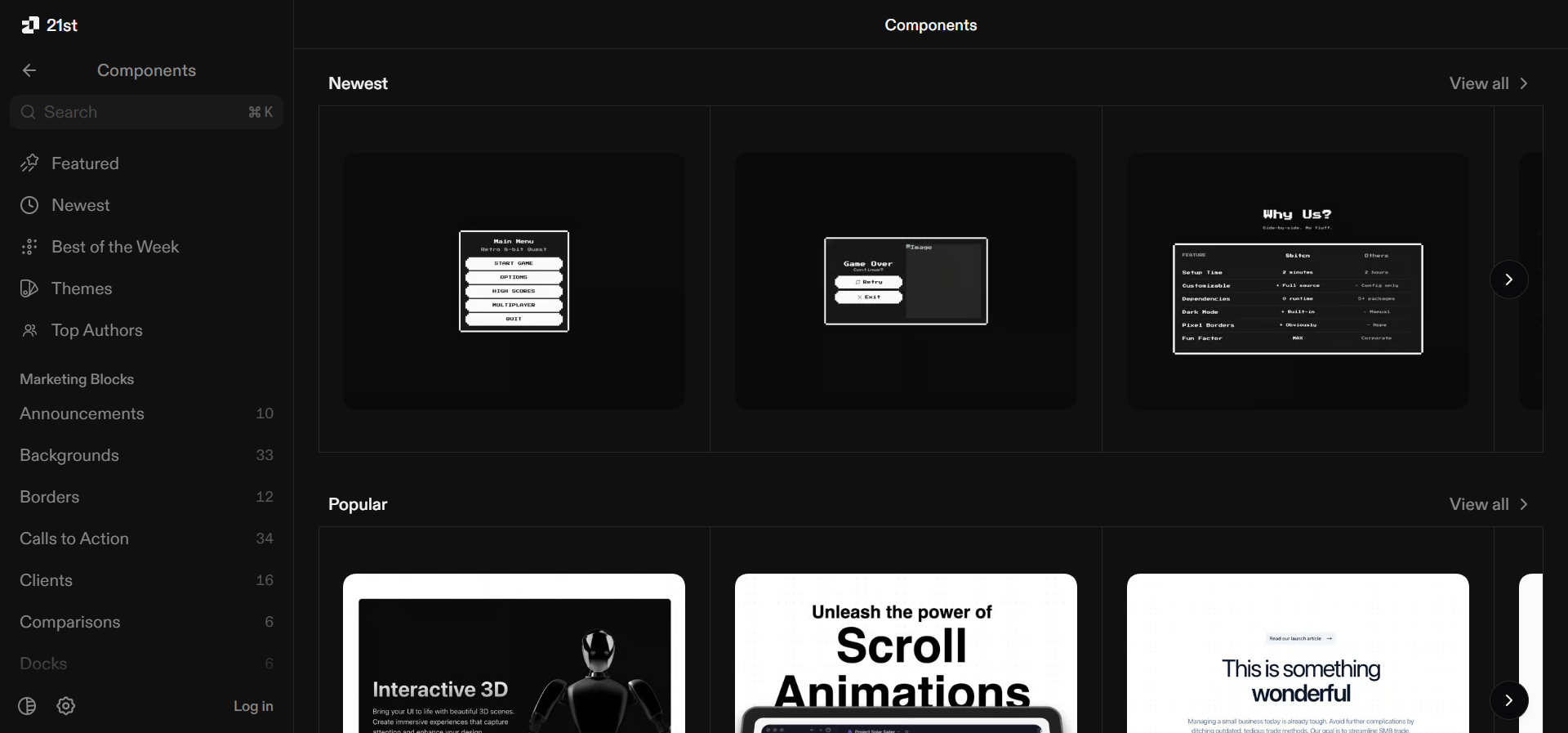 21st.dev is a community-driven UI component library built around AI prompts