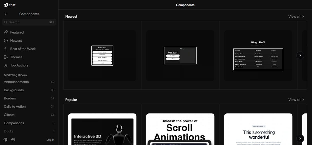 21st.dev is a community-driven UI component library built around AI prompts