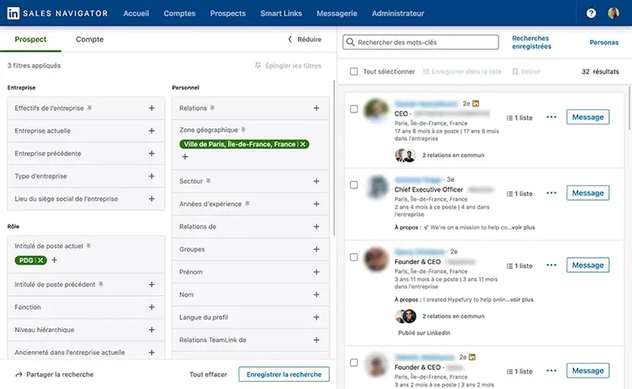 Crunchbase or LinkedIn Sales Navigator search filters showing ICP criteria setup