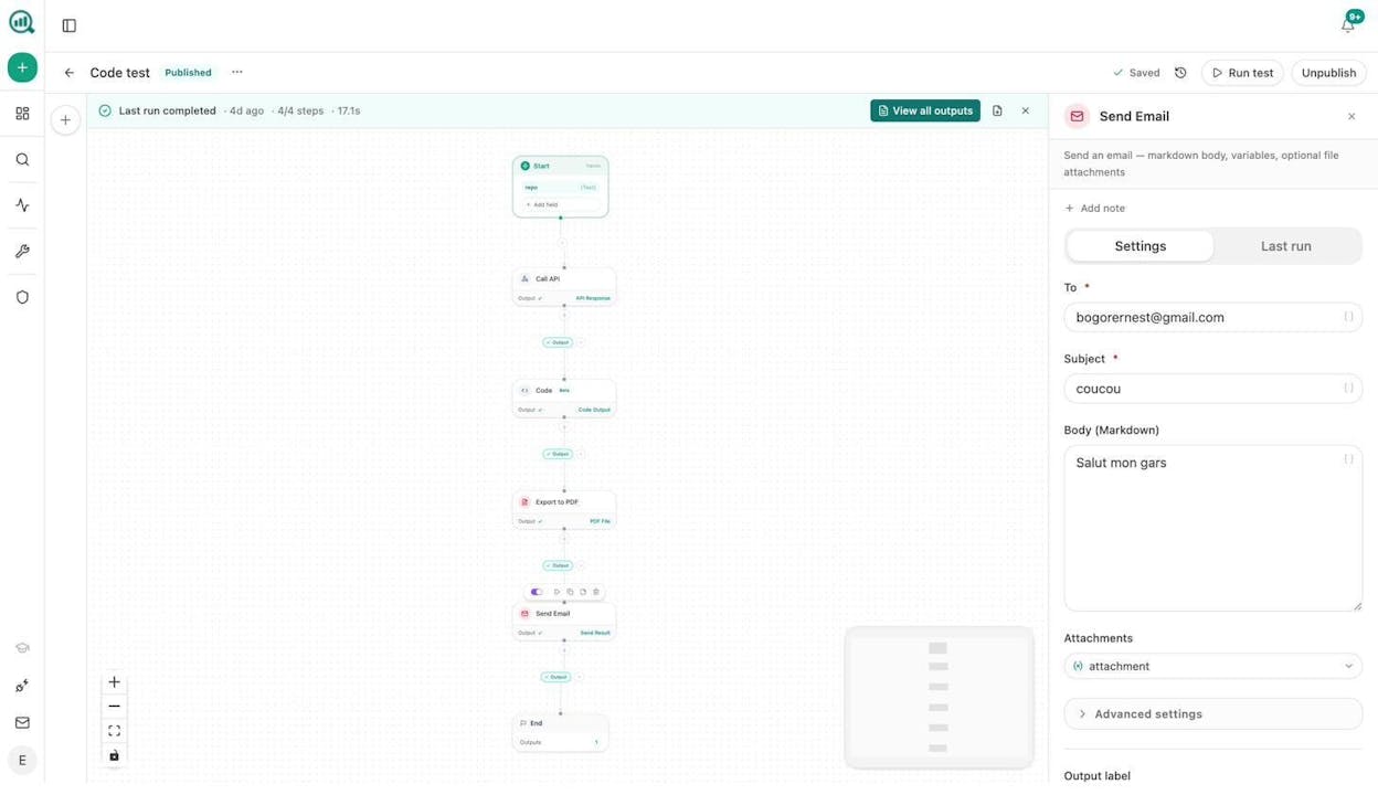 Analyze AI agent workflow showing a Code test agent with Start node flowing through Call API, Code, Export to PDF, and Send Email nodes, demonstrating an end-to-end automated email workflow with PDF attachment.
