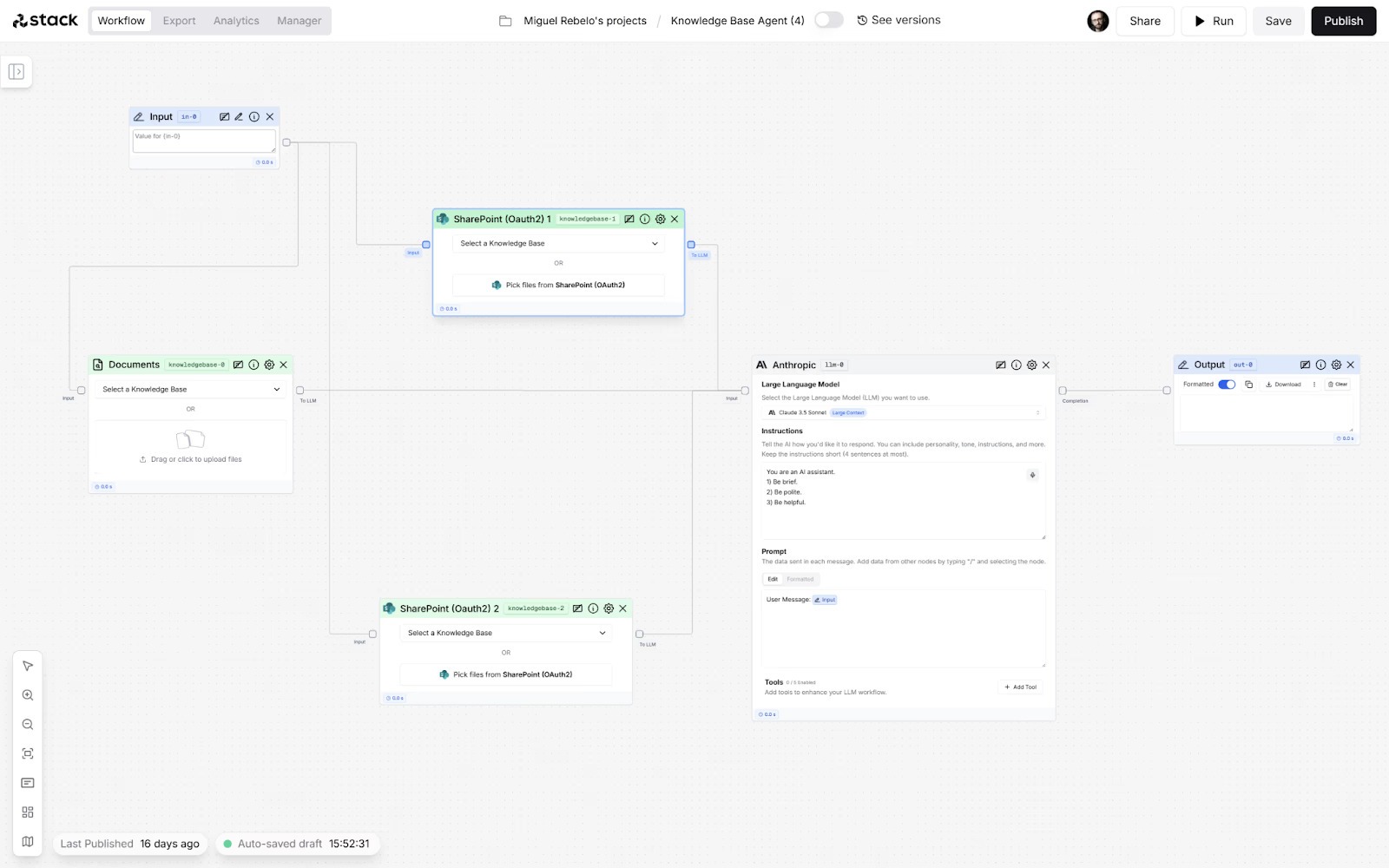 StackAI&rsquo;s enterprise workflow builder with compliance certifications visible