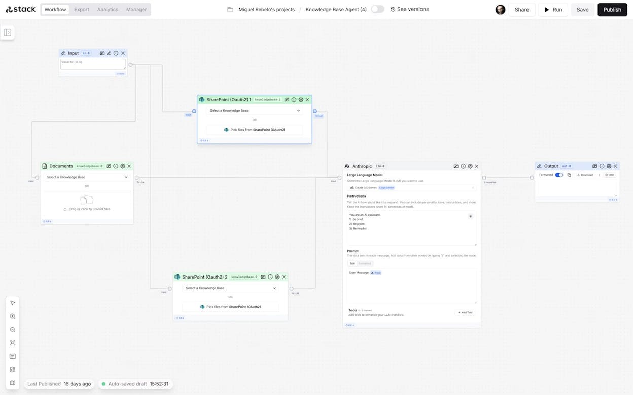 StackAI&rsquo;s enterprise workflow builder with compliance certifications visible