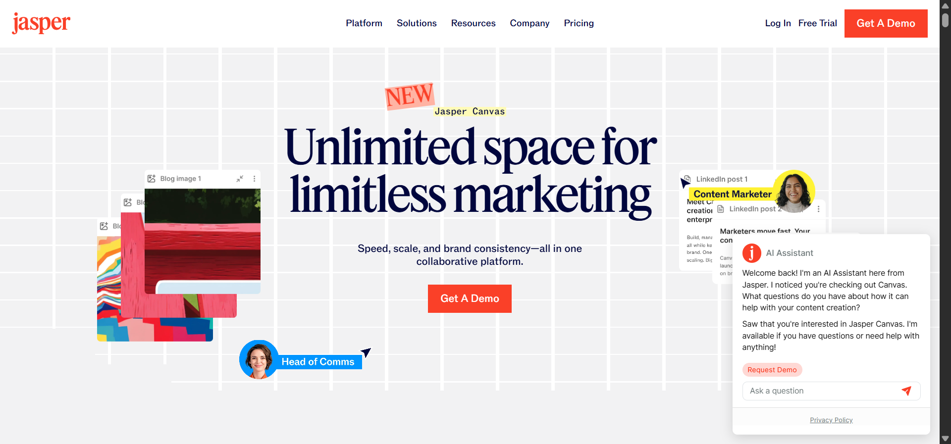 Jasper&rsquo;s campaign canvas interface showing brand voice and template options