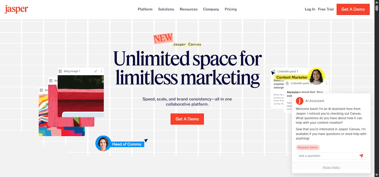 Jasper&rsquo;s campaign canvas interface showing brand voice and template options