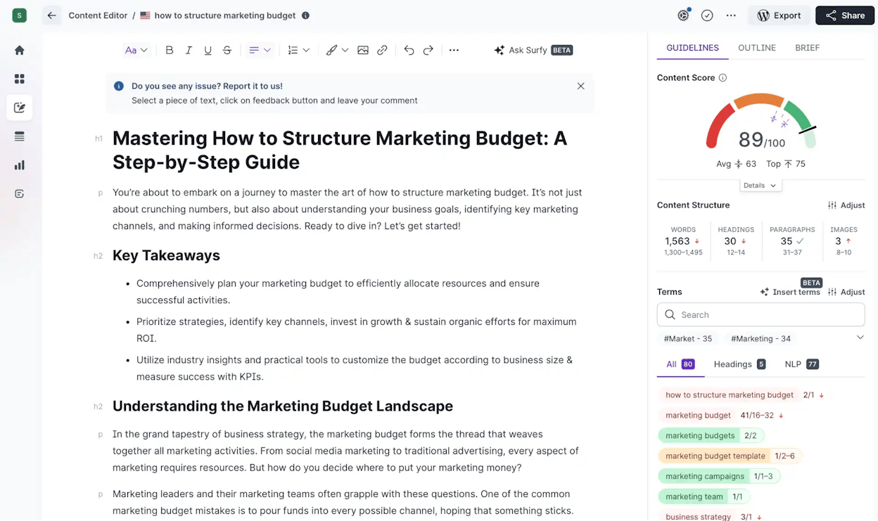 Surfer SEO&rsquo;s Content Editor showing real-time optimization score and keyword suggestions