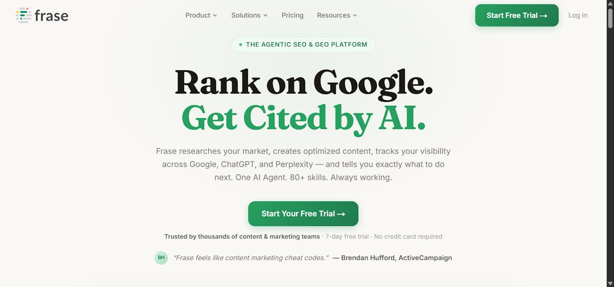 Frase’s content brief builder showing SERP analysis and topic coverage