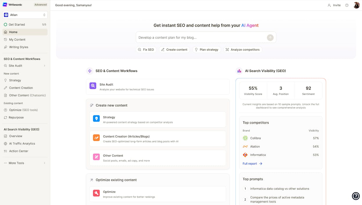 Writesonic&rsquo;s article writer and SEO optimization interface