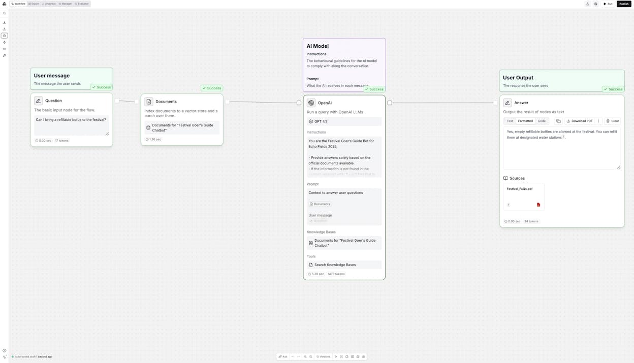 Stackai’s visual workflow builder showing connected nodes for document processing