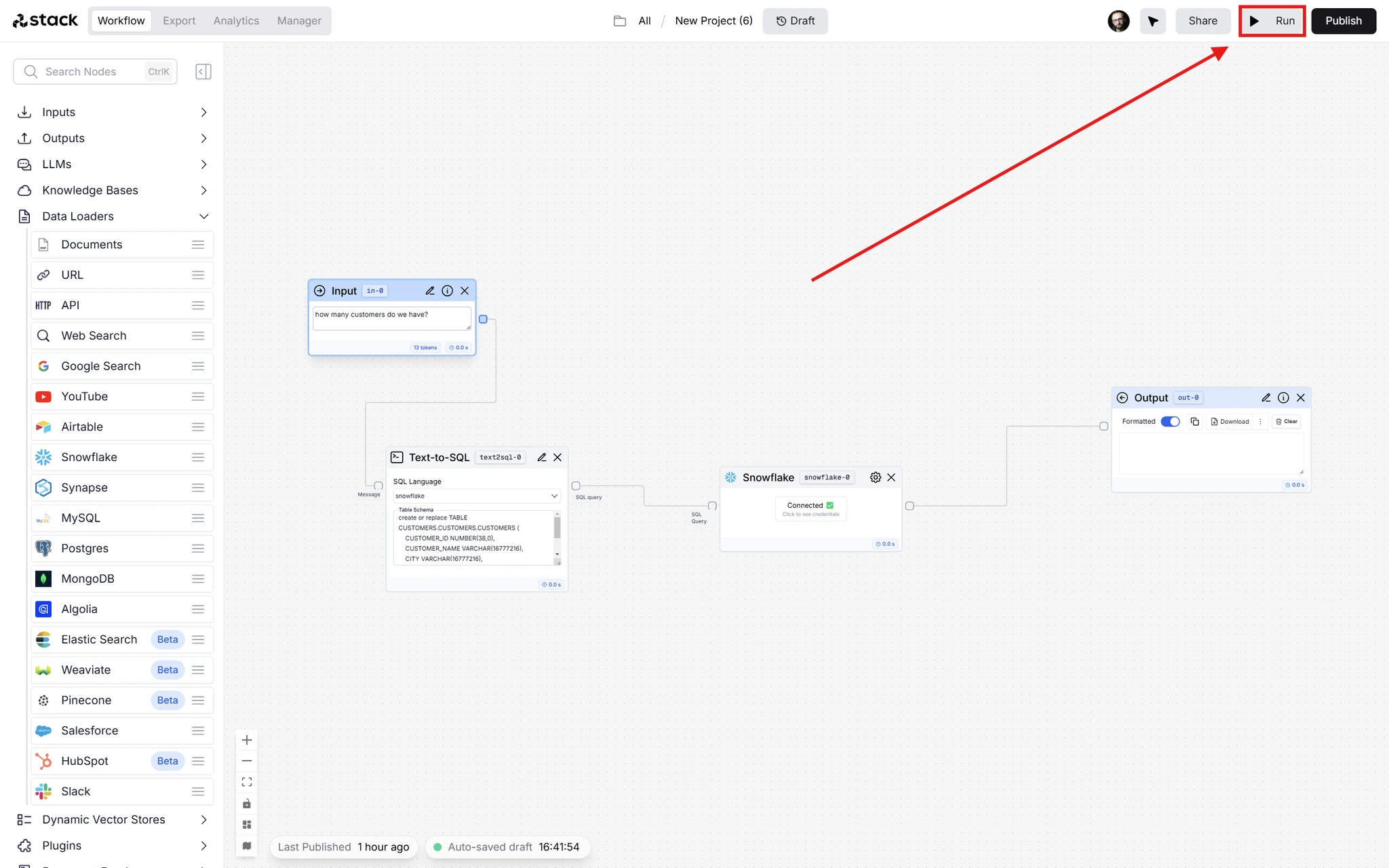 StackAI&rsquo;s workflow builder showing a drag-and-drop canvas with LLM, tool, and data nodes