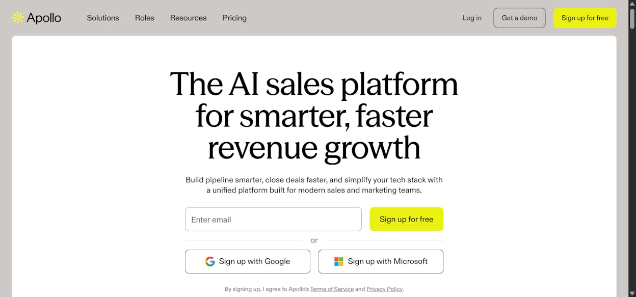 Apollo&rsquo;s homepage showing the AI sales platform interface