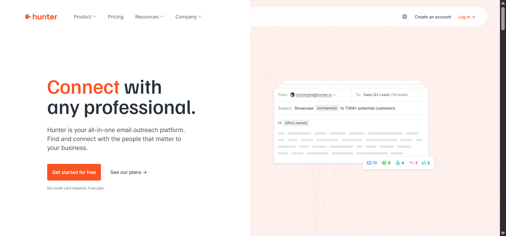 Hunter.io’s homepage showing the email finder tool