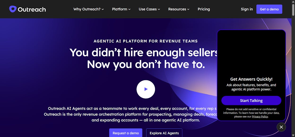 Outreach’s homepage showing the revenue workflow platform