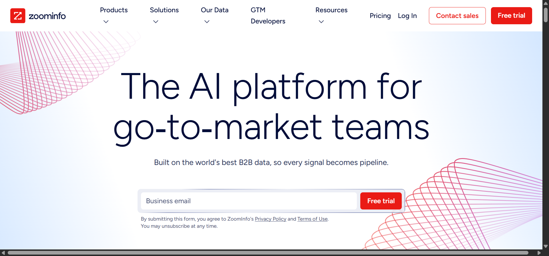 ZoomInfo’s homepage showing the GTM platform
