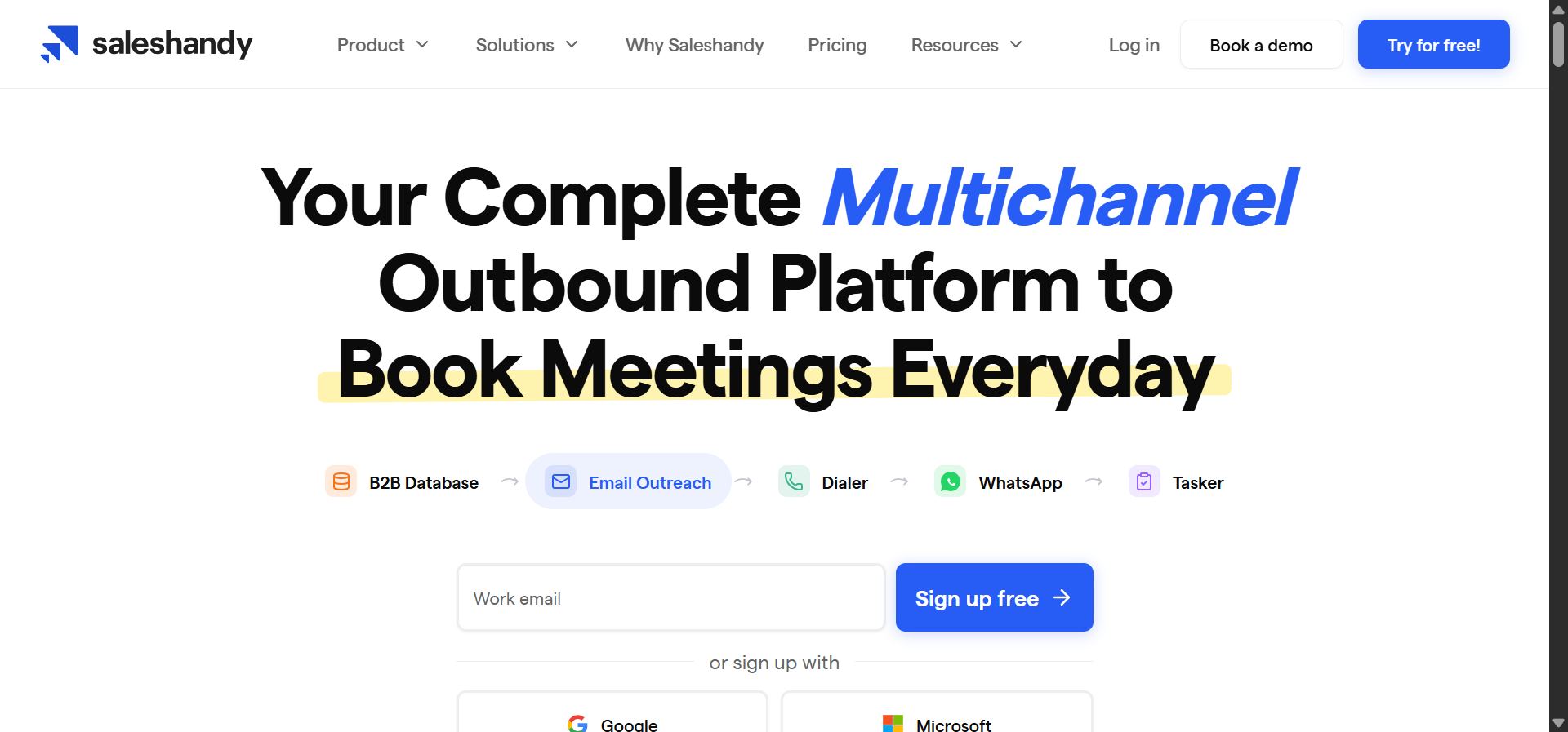 Saleshandy’s homepage showing the cold email platform