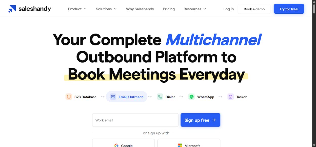 Saleshandy’s homepage showing the cold email platform