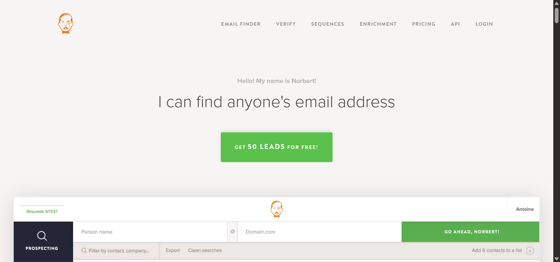 VoilaNorbert’s homepage showing the email finder