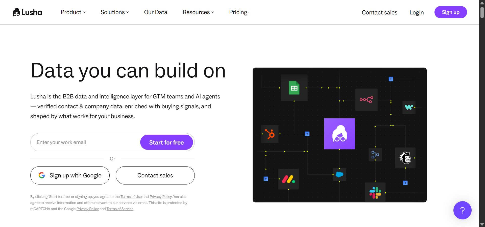 Lusha’s homepage showing the AI sales intelligence platform