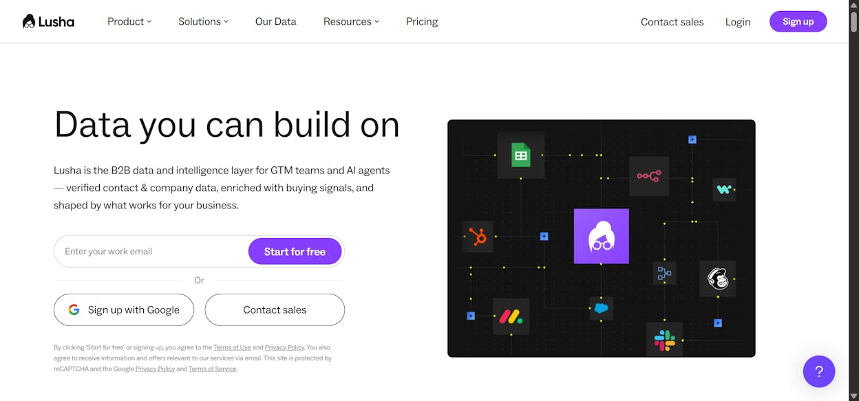 Lusha&rsquo;s homepage showing the AI sales intelligence platform