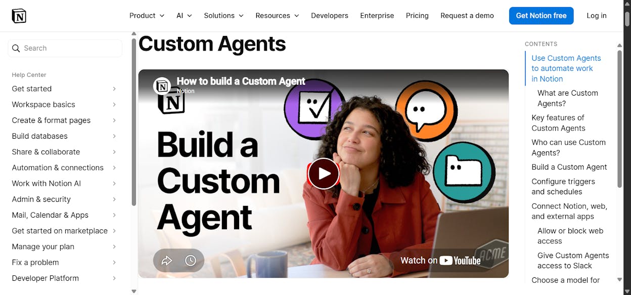 Notion Agent’s Custom Agent configuration showing schedule triggers and database connections