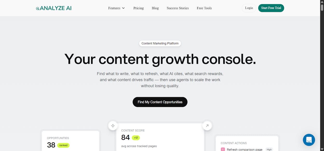 Analyze AI: Best for Marketing teams that need to scrape, research, write, optimize, and distribute content inside one platform.