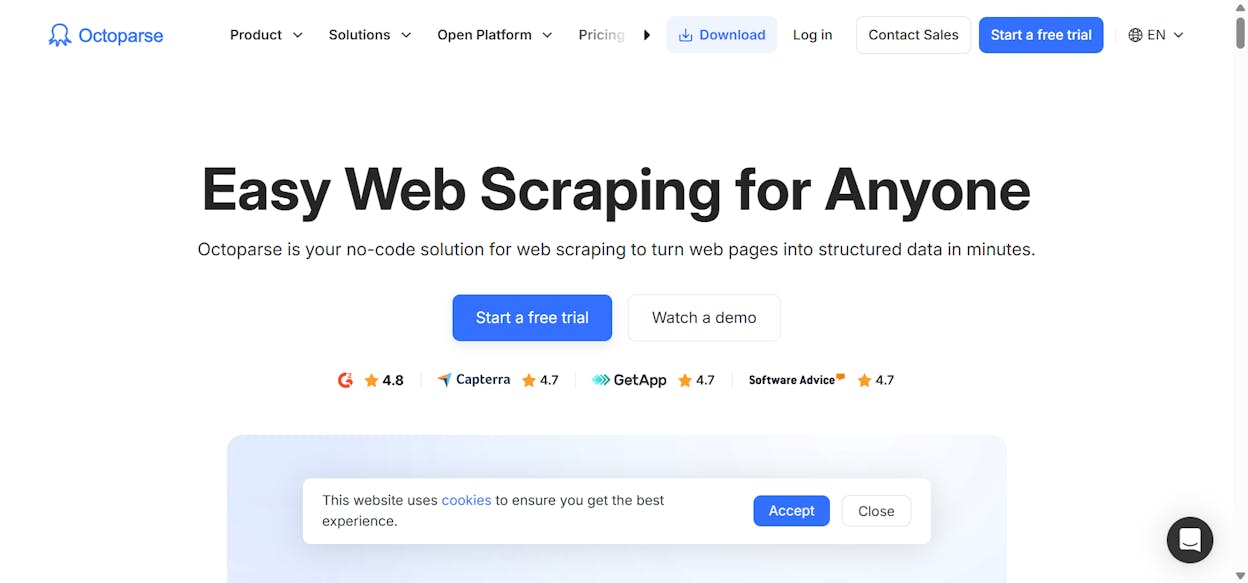 Octoparse workflow builder with page scan and extraction steps