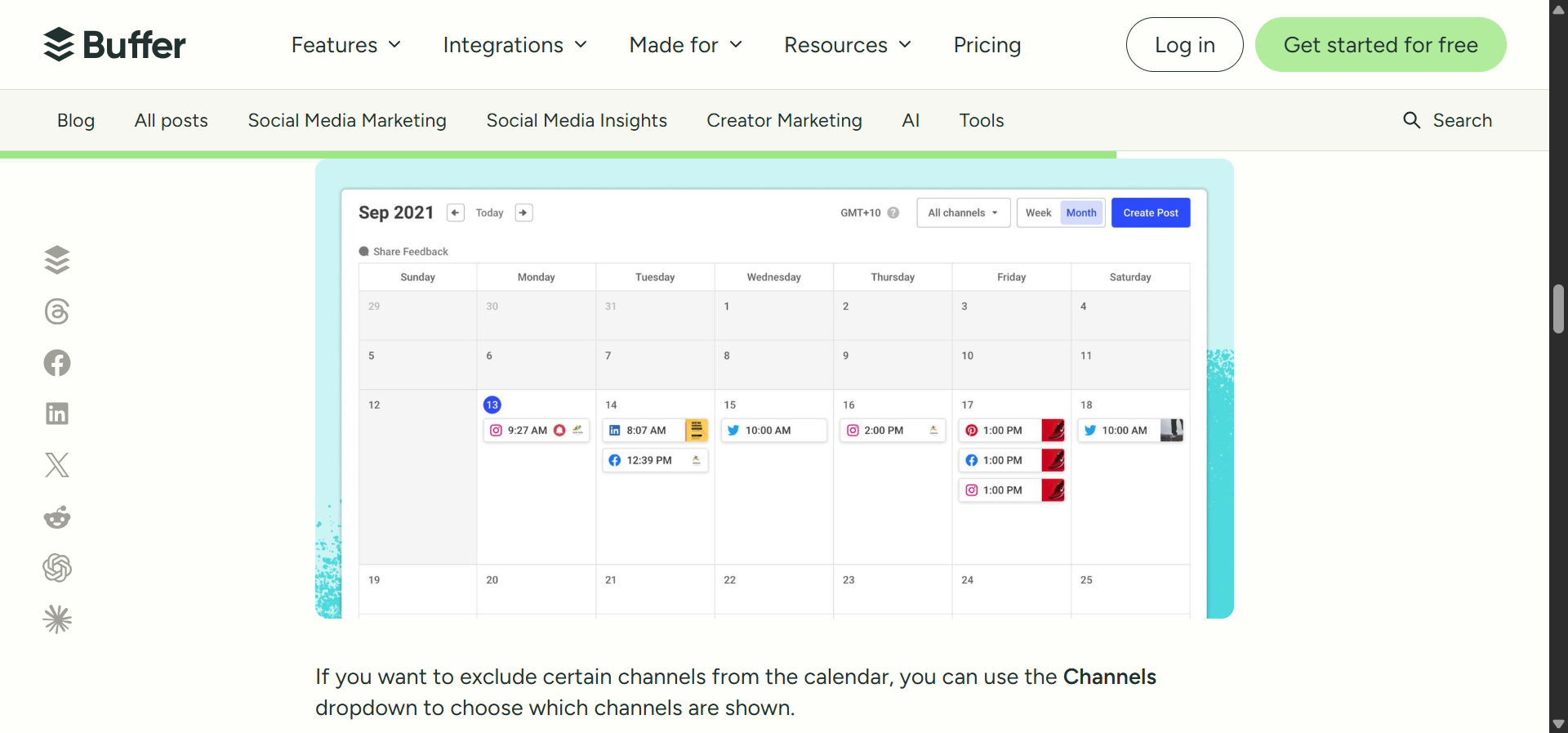 Buffer&rsquo;s publishing dashboard showing content calendar across platforms