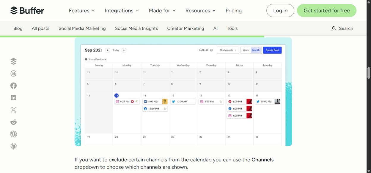 Buffer’s publishing dashboard showing content calendar across platforms