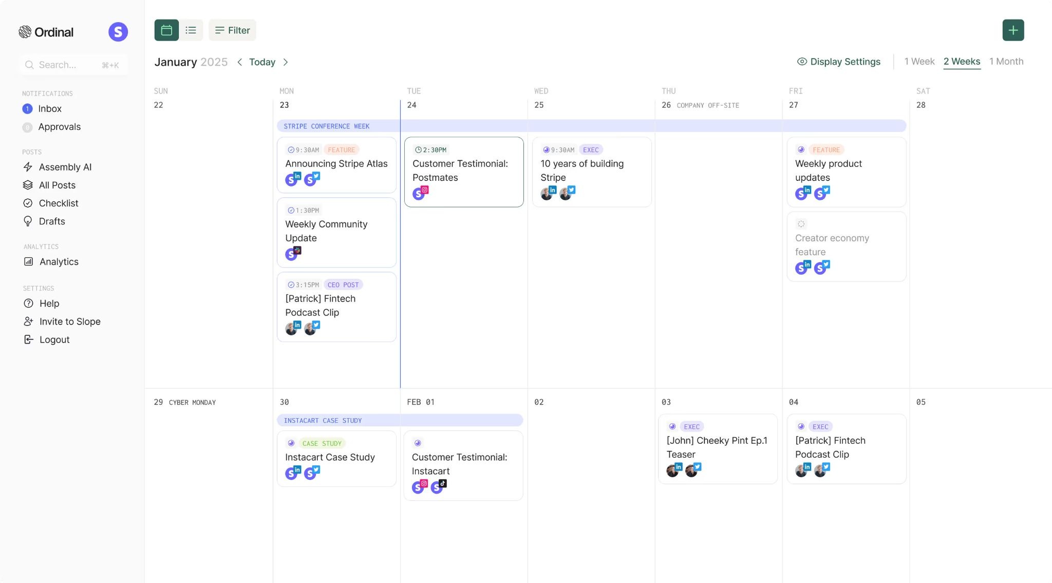 Ordinal&rsquo;s post scheduling interface with team engagement features