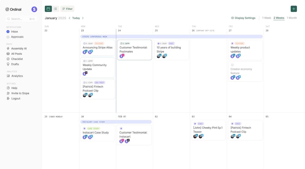 Ordinal’s post scheduling interface with team engagement features