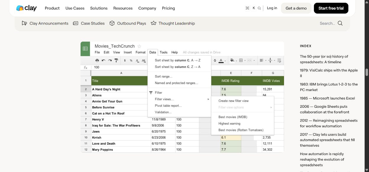 Clay’s spreadsheet interface showing enriched prospect data