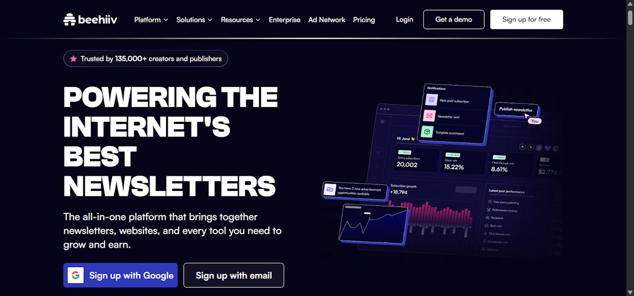 beehiiv&rsquo;s newsletter editor with subscriber analytics
