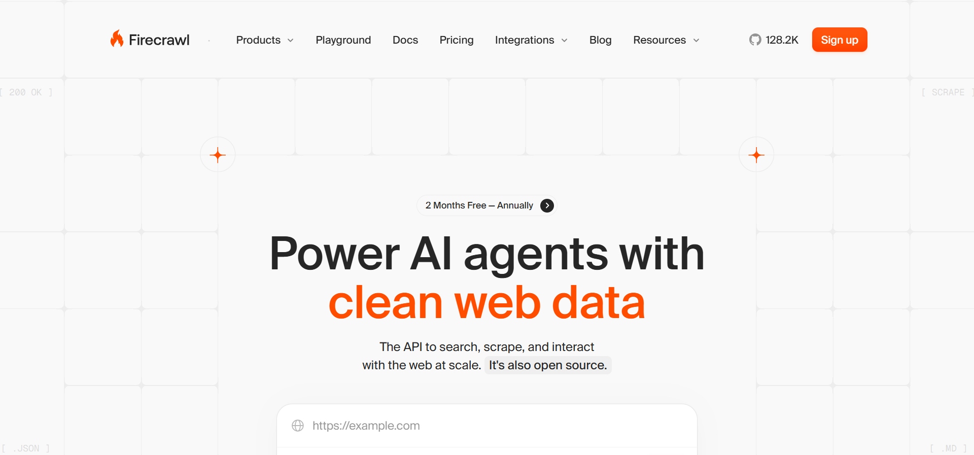 Firecrawl homepage showing the URL input and scrape interface