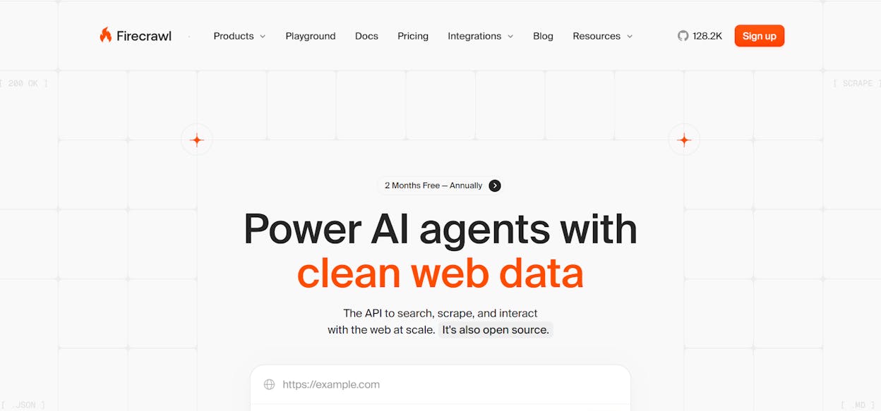 Firecrawl homepage showing the URL input and scrape interface
