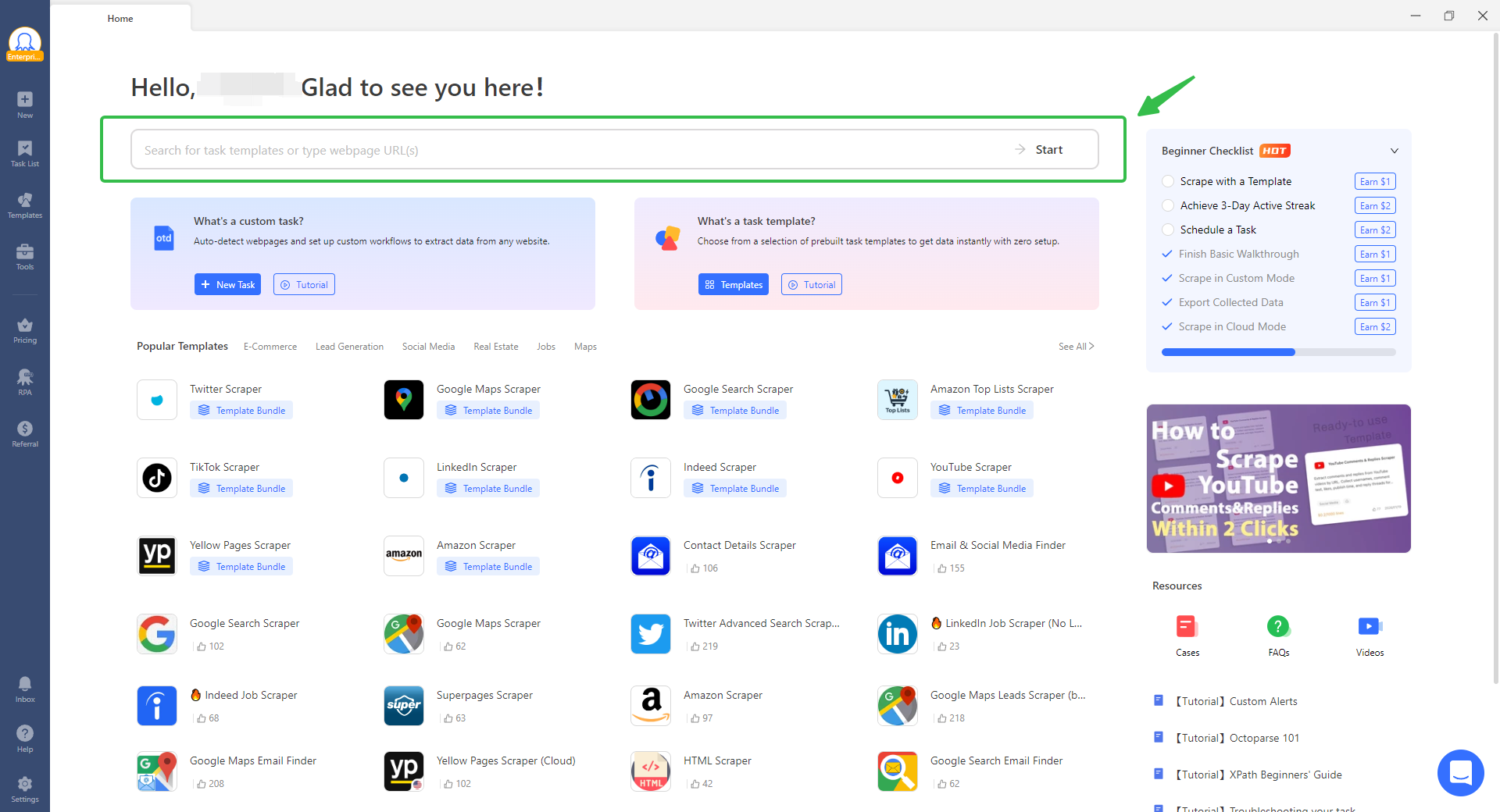 Octoparse template library showing available website scrapers