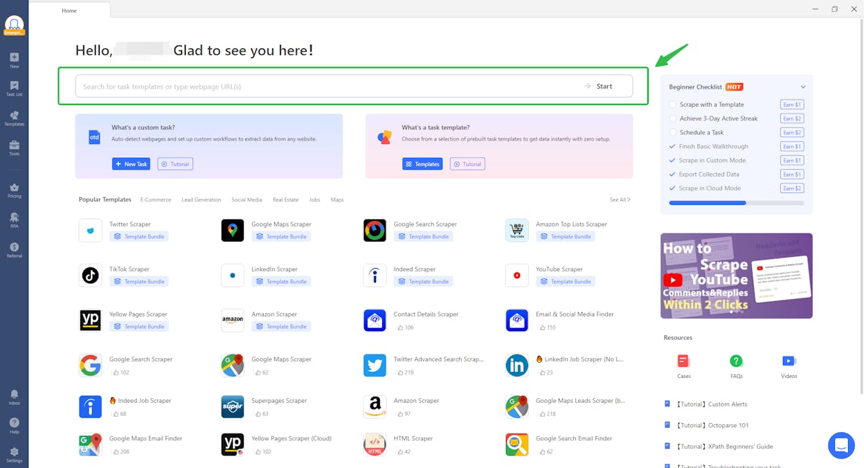 Octoparse template library showing available website scrapers