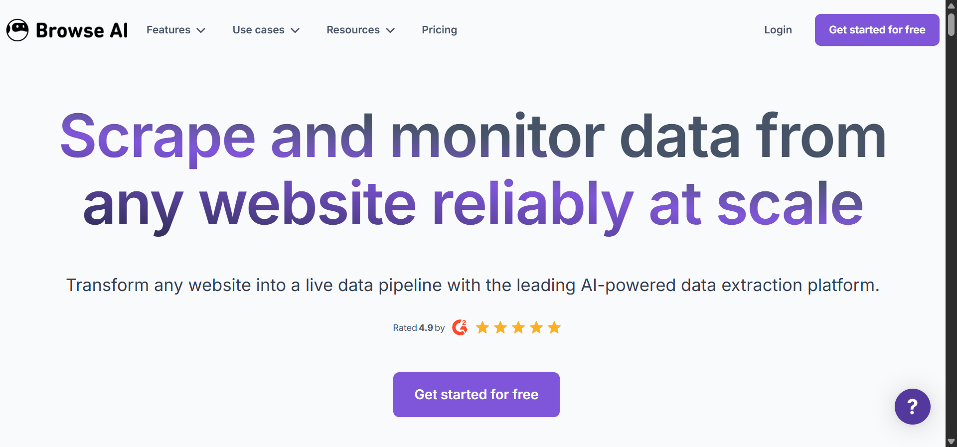 Browse AI homepage showing the web scraping and monitoring interface