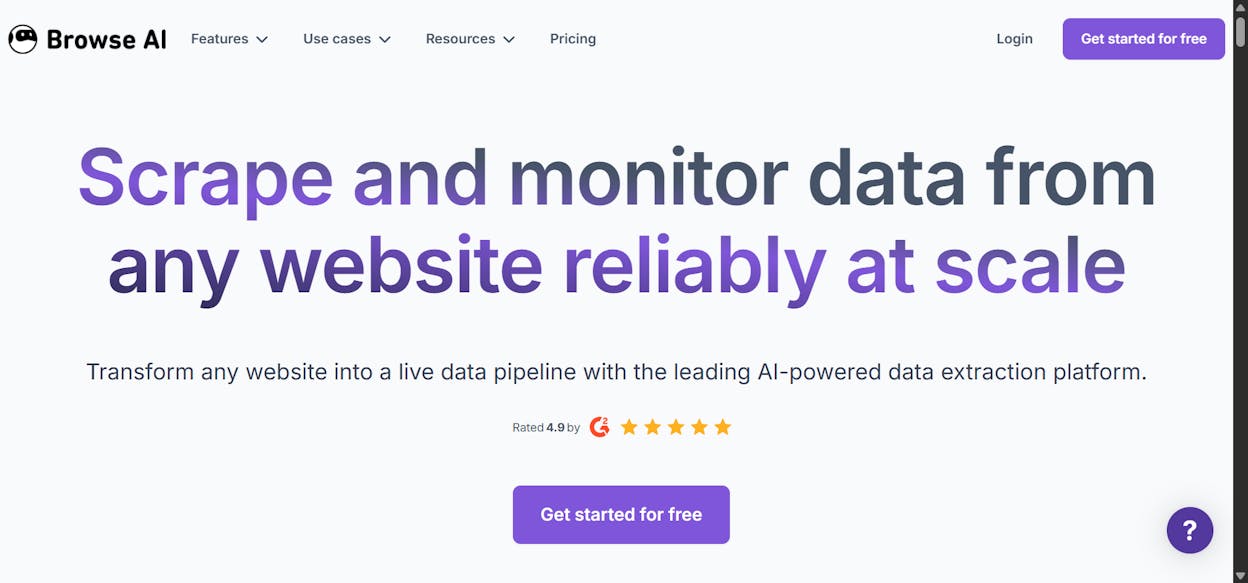 Browse AI homepage showing the web scraping and monitoring interface