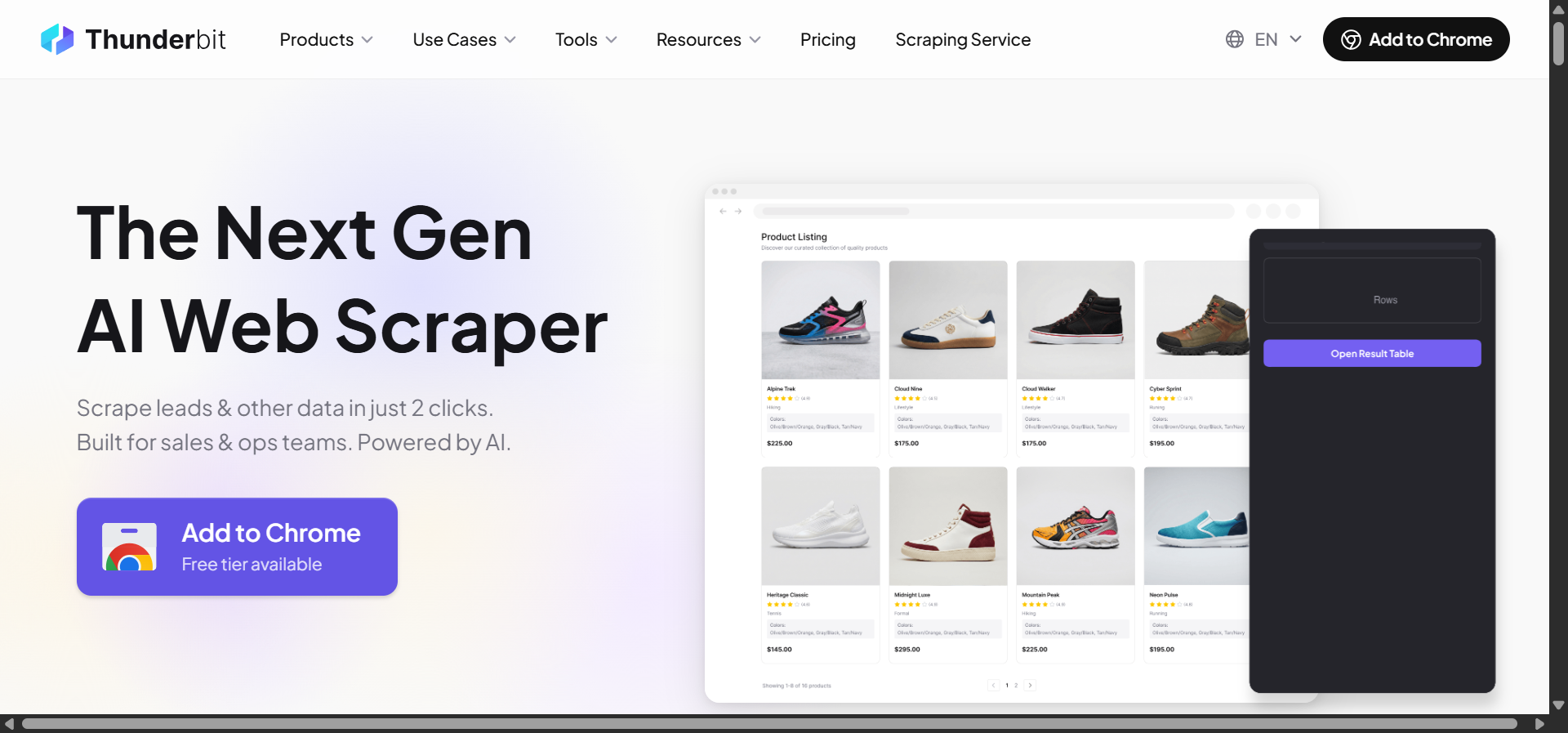 Thunderbit homepage showing the 2-click scraping interface