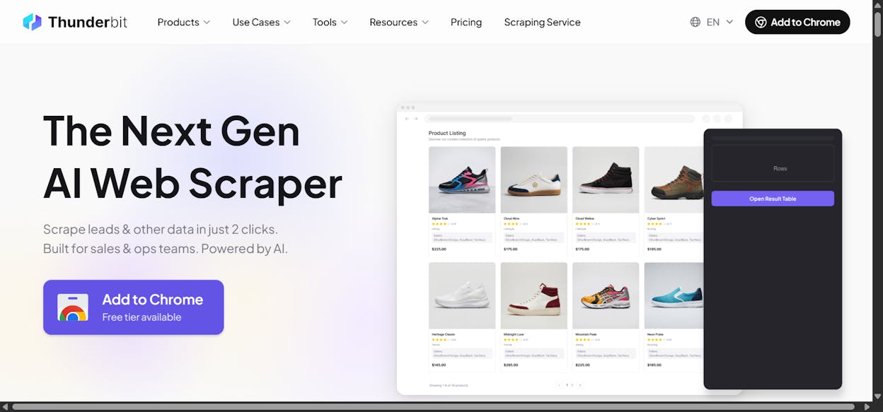 Thunderbit homepage showing the 2-click scraping interface