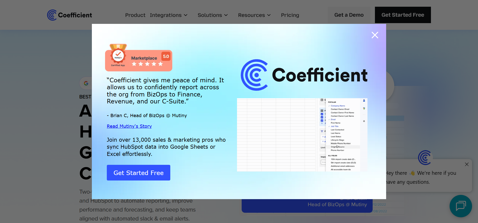 Coefficient&rsquo;s Google Sheets add-on pulling live HubSpot data into a spreadsheet