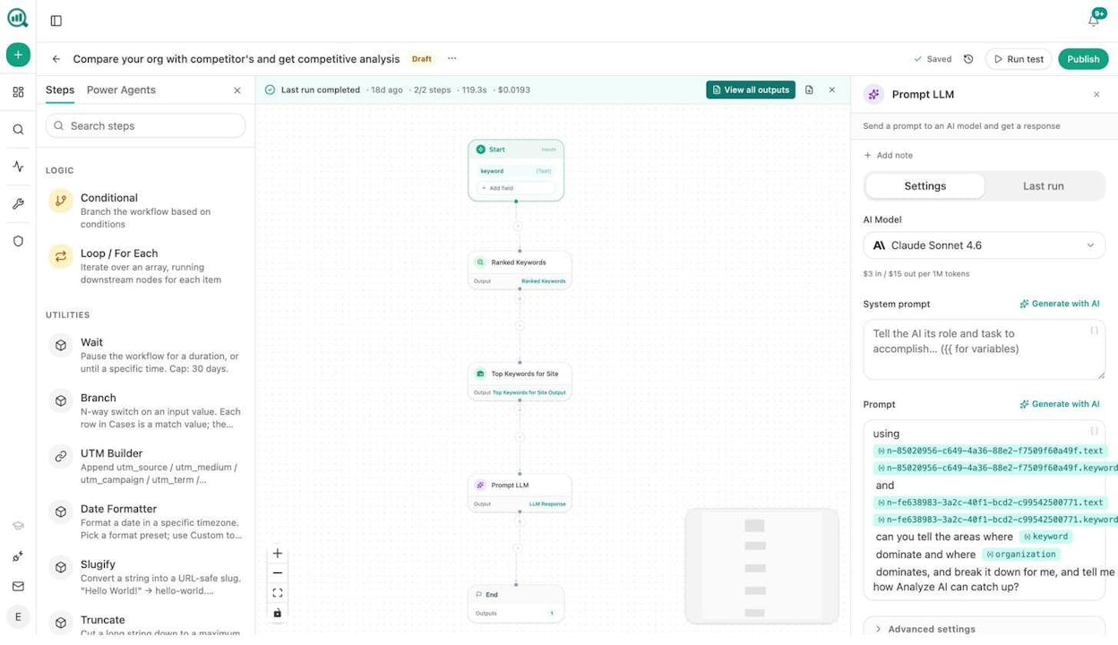 Analyze AI agent for competitive keyword analysis with Ranked Keywords and Top Keywords nodes feeding into Prompt LLM