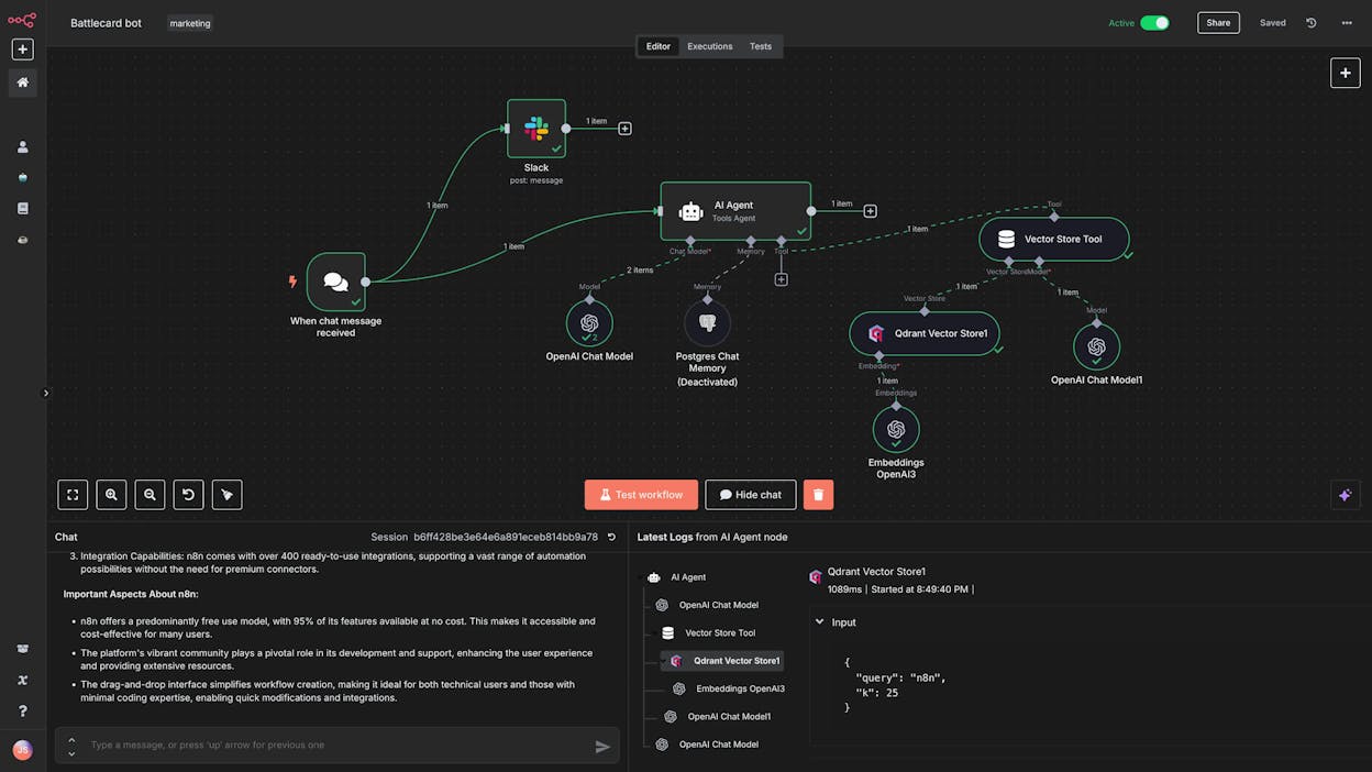 n8n&rsquo;s visual workflow builder showing a multi-node automation with connected steps