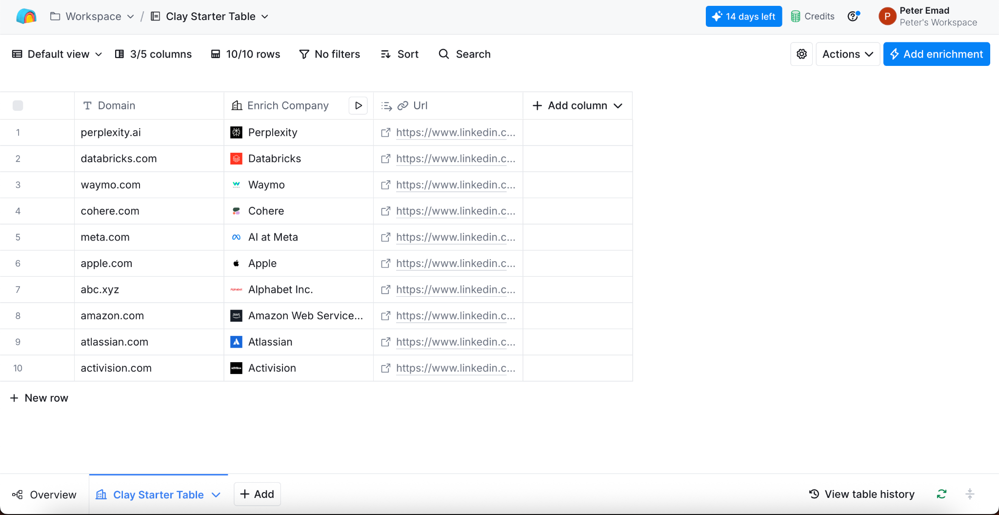 Clay&rsquo;s spreadsheet-like interface with enrichment columns and AI steps